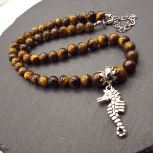 TIGER'S EYE CAT'S EYE 7.94 MM STONE BEADS SILVERY SEA HORSE PENDANT NECKLACE 71
